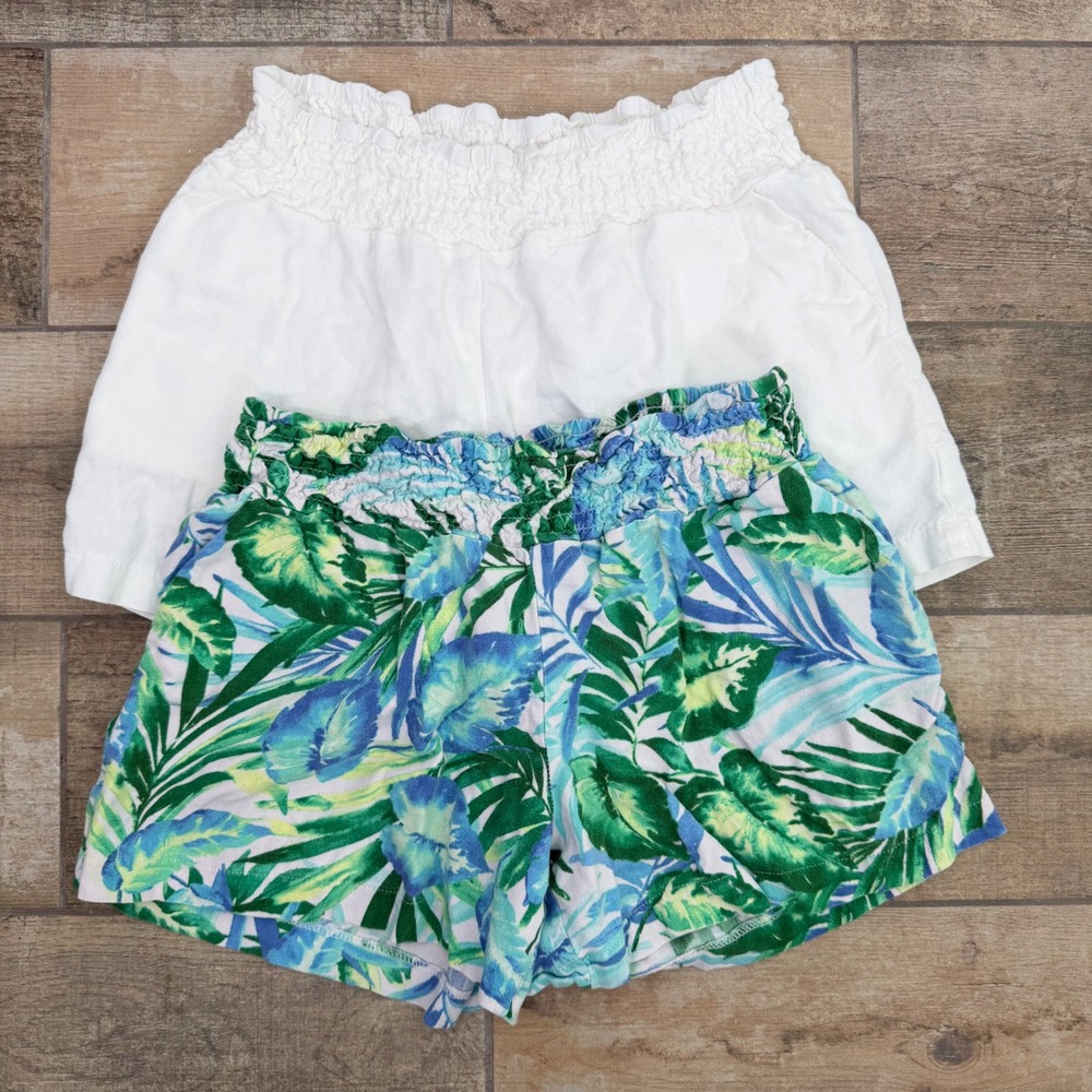 Blue Sol Womens Size Large Shorts Lot of 2 White Tropical Palm Rayon Linen Blend